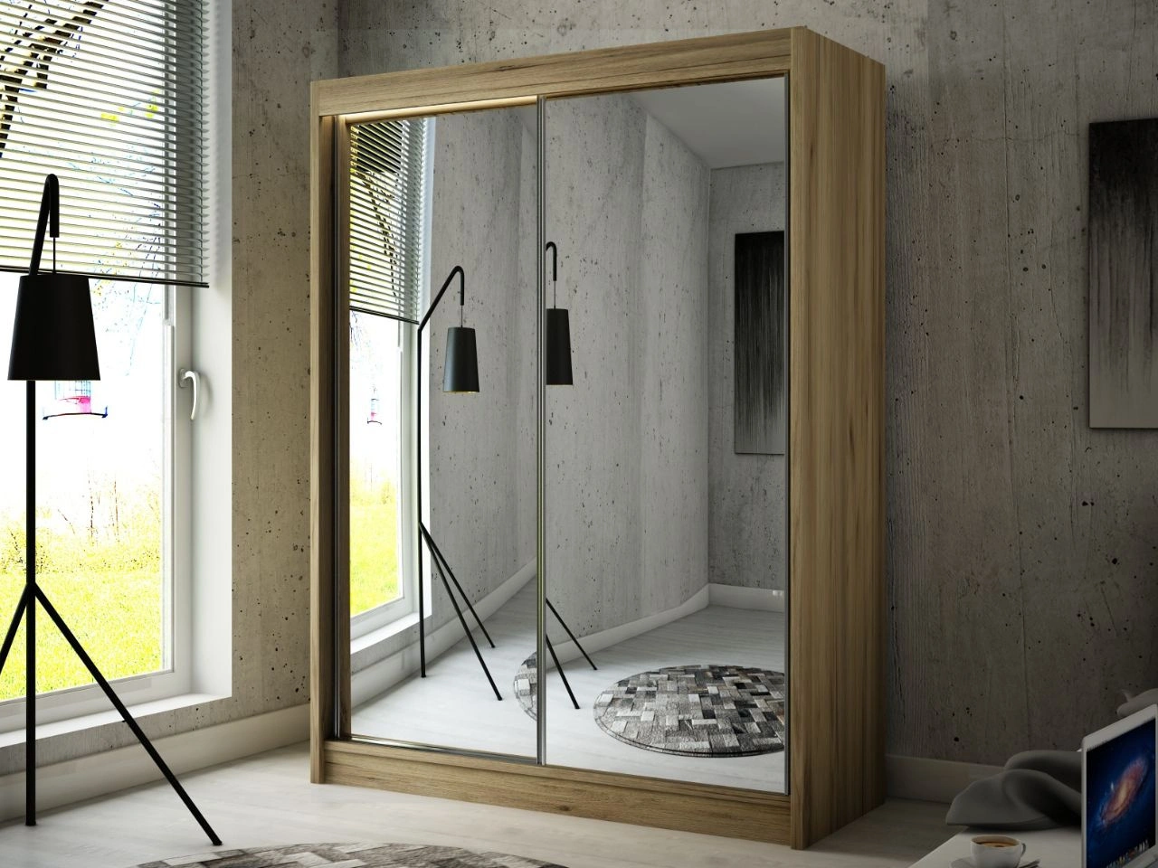 Szafa przesuwna 150 cm z lustrem i oświetleniem LED Luzio Dąb Craft Złoty