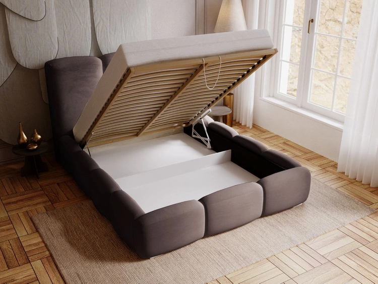 Łóżko tapicerowane z pojemnikiem i stelażem 140x200 cm Bubble Brązowe