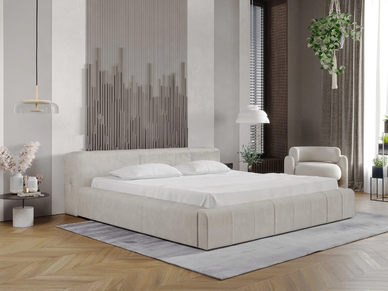 Łóżko tapicerowane z pojemnikiem i stelażem 160x200 Lipari beż