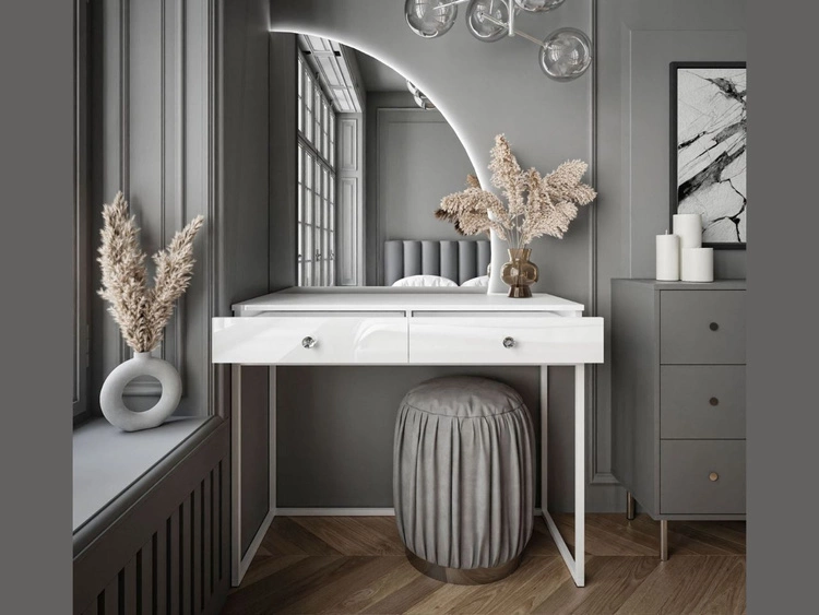 Toaletka kosmetyczna prawostronna z szufladami i oświetleniem LED na białych nogach Clarette Biały połysk