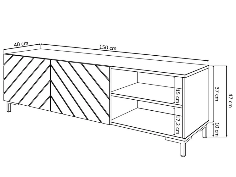Szafka RTV w stylu glamour z frezowanymi frontami i czarnymi nóżkami Vionel biały połysk