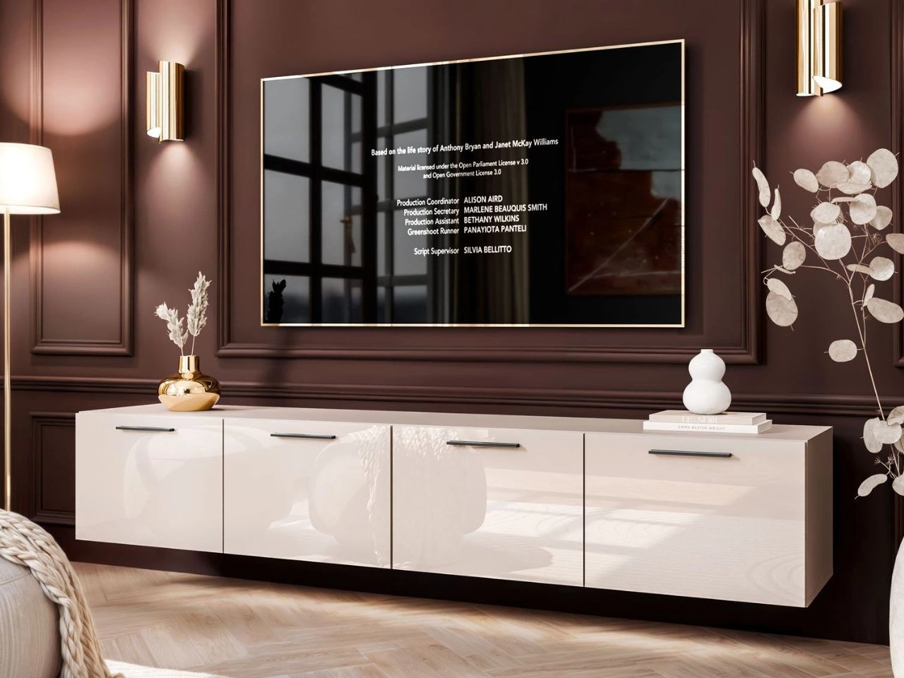 Szafka RTV wisząca pod telewizor z drzwiczkami i oświetleniem LED 200 cm Noaé Kaszmir