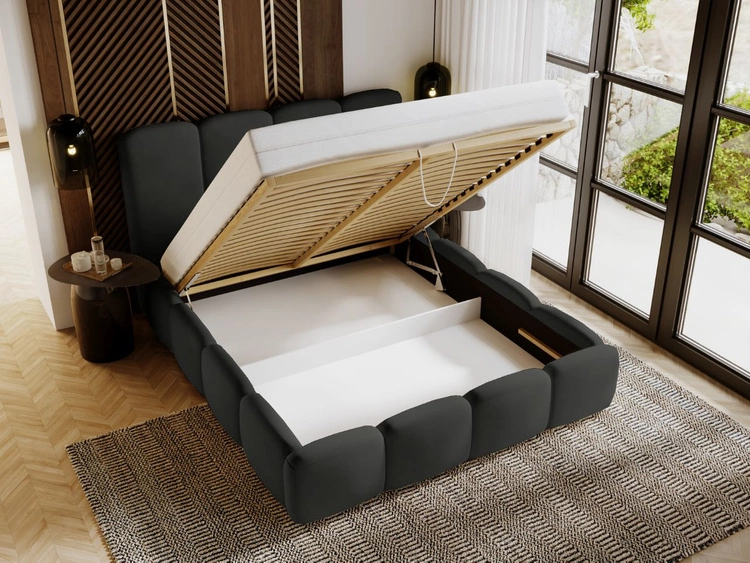 Łóżko tapicerowane z pojemnikiem i stelażem 160x200 Galli Czarne