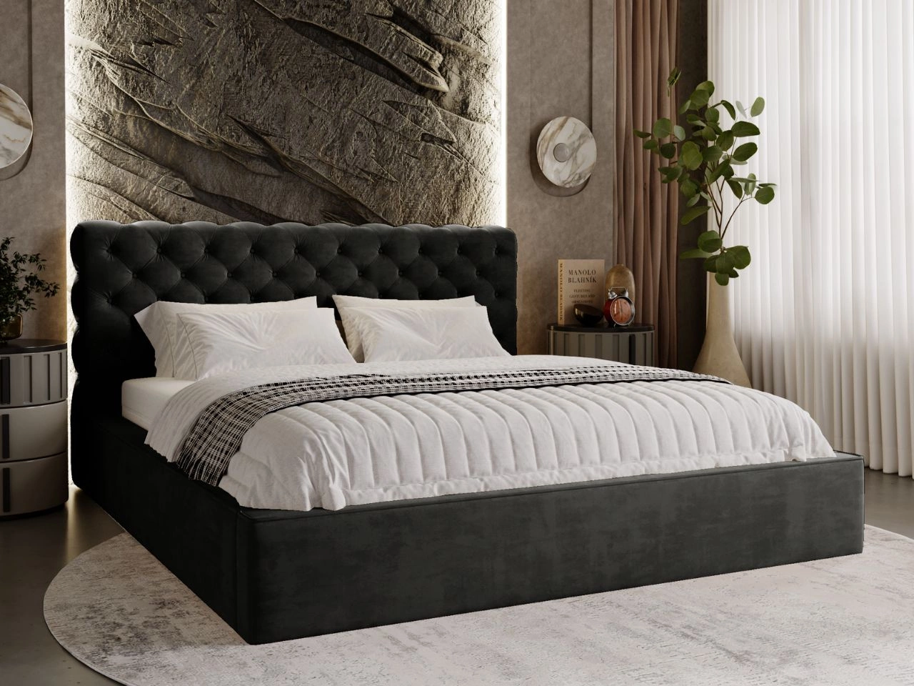 Łóżko tapicerowane z pojemnikiem i stelażem 200x200 Apollo Czarne