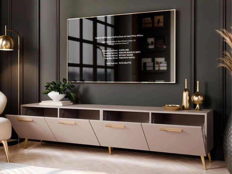 Szafka RTV pod telewizor z drzwiczkami i oświetleniem LED na złotych nóżkach 200 cm Noaé Kaszmir