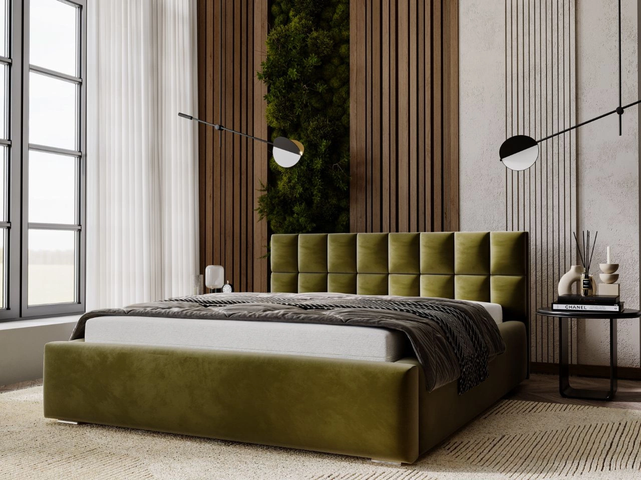 Łóżko tapicerowane z pojemnikiem i stelażem 200x200 Hugo Zielone