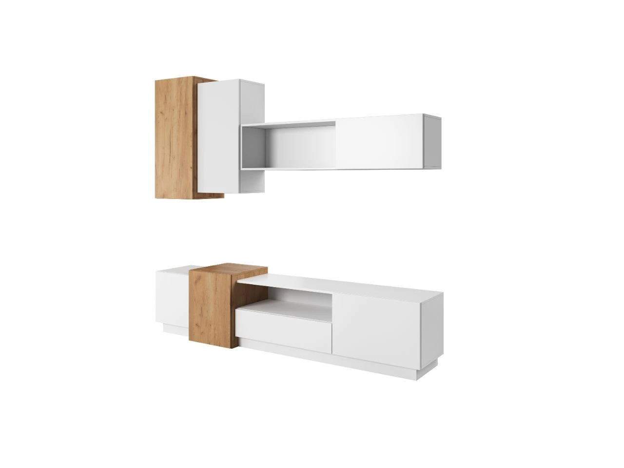 Meblościanka do salonu Morten Biała, Dąb Craft Złoty