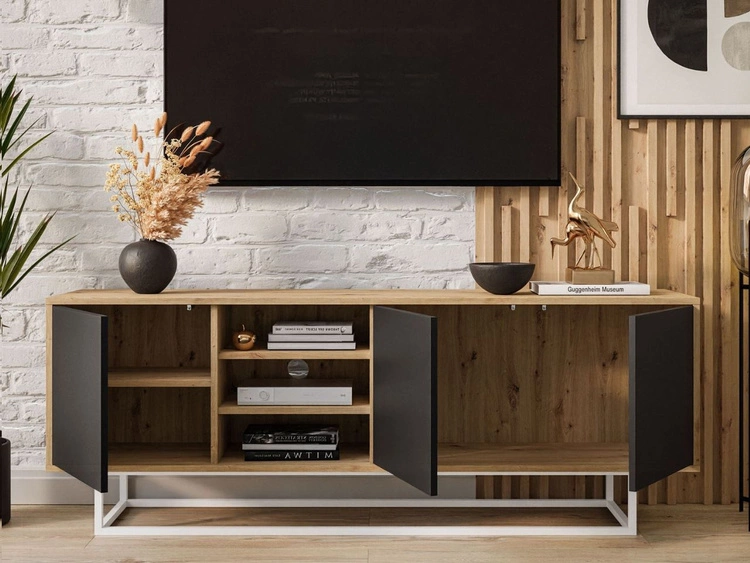 Szafka RTV pod telewizor z drzwiczkami i białym stelażem Vivance Czarny i dąb artisan