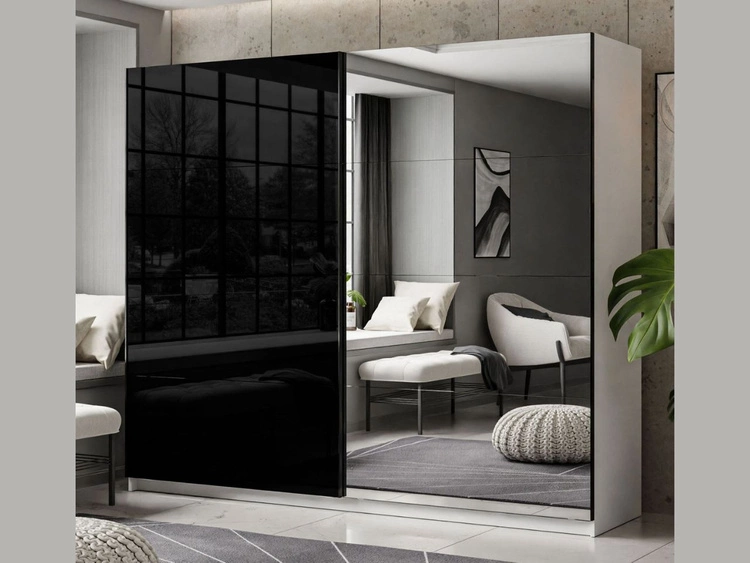 Szafa dwudrzwiowa z drzwiami przesuwnymi i lustrem 244 cm Nuveo Czarno-Biały Połysk