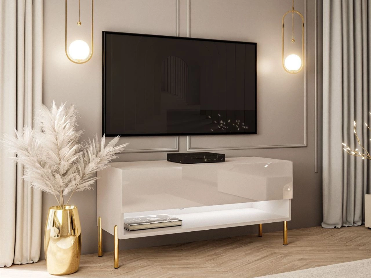 Szafka RTV 90 cm z oświetleniem LED i złotymi metalowymi nóżkami Aurelie Kaszmir połysk