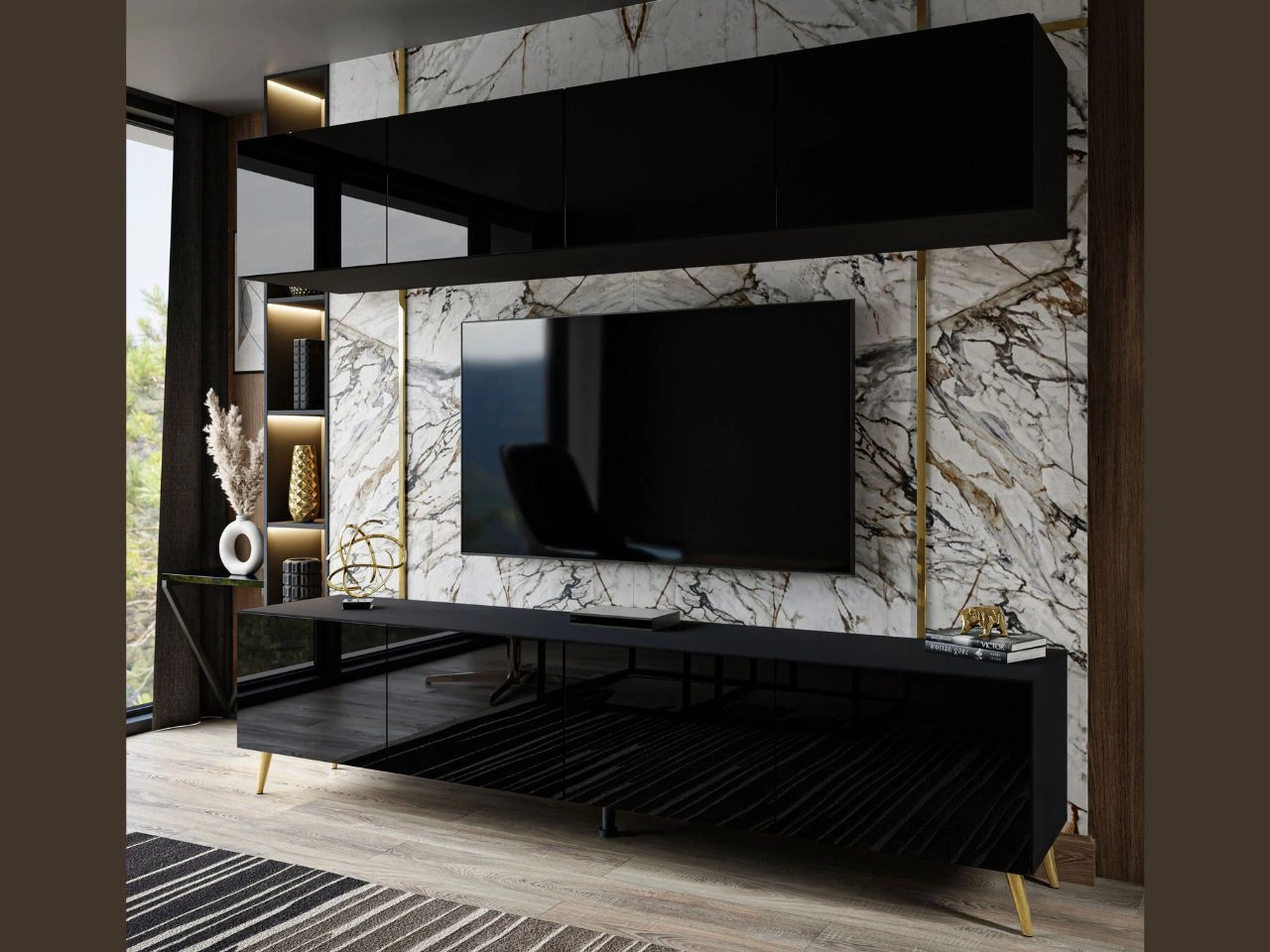 Meblościanka do salonu na złotych nogach Noaé Czarny połysk