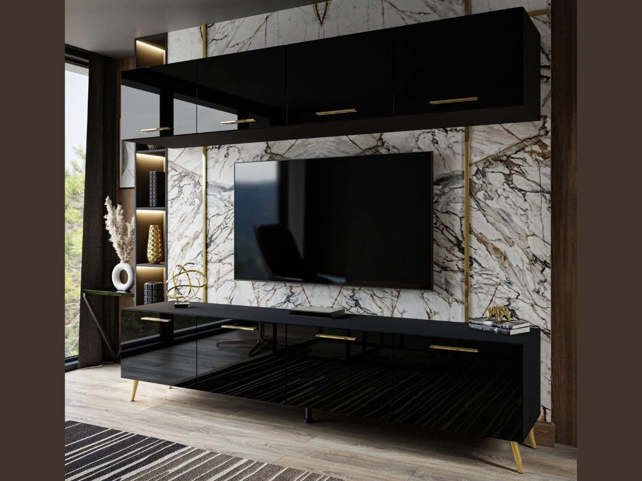 Meblościanka do salonu na złotych nogach Noaé Czarny połysk