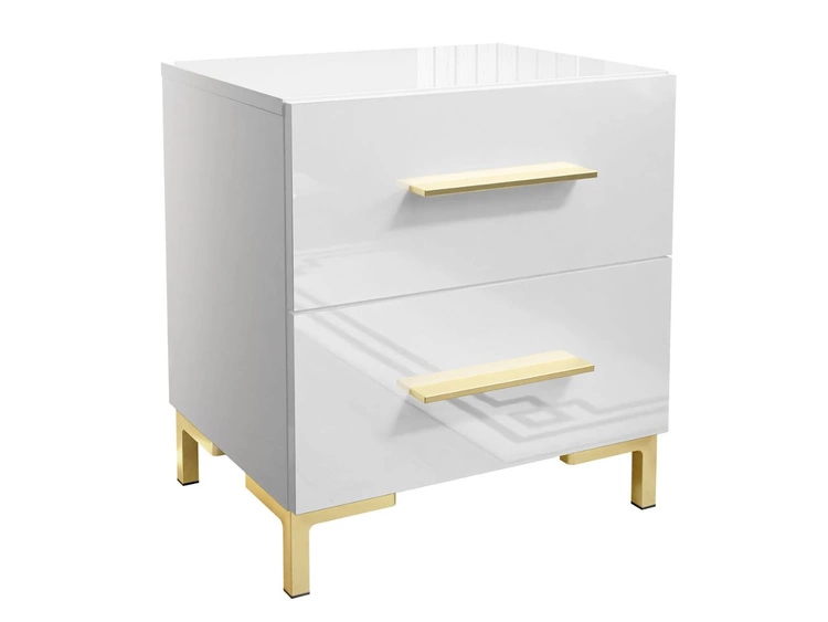 Stolik nocny z dwoma szufladami na złotych nogach Nuveo Lux Biały Połysk