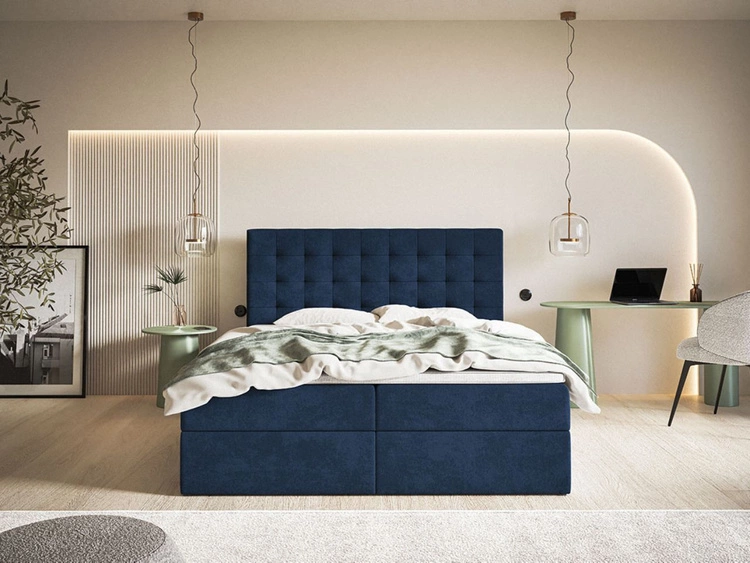 Łóżko kontynentalne z pojemnikiem na pościel 140x200 Denza Ciemnoniebieskie