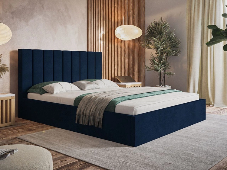 Łóżko tapicerowane z pojemnikiem i stelażem 140x200 Sesto granatowe