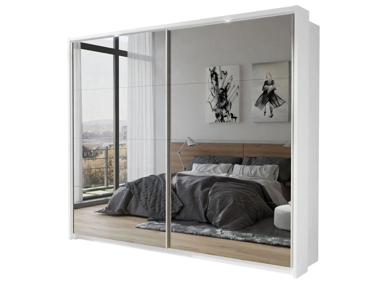 Szafa dwudrzwiowa z drzwiami przesuwnymi, nadstawką i lustrami 254 cm Nuveo Biały połysk