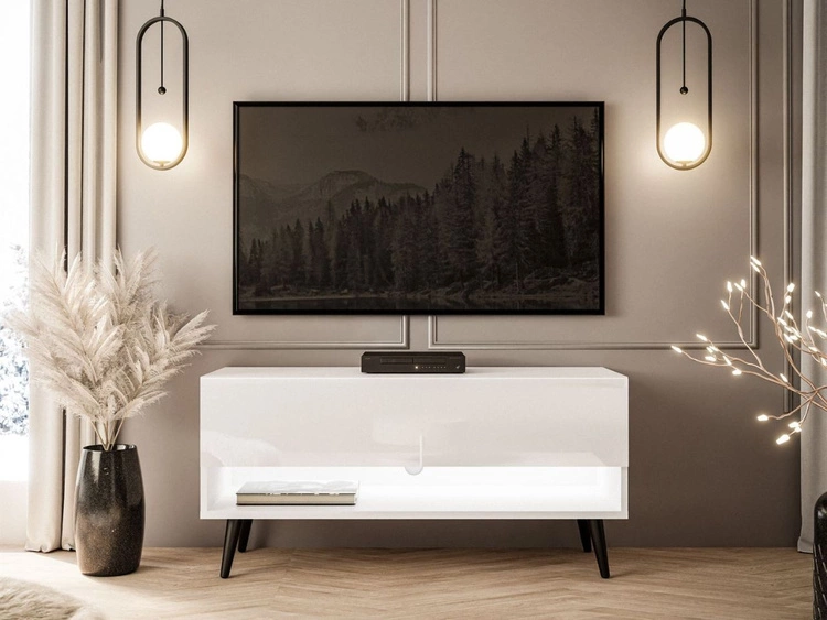 Szafka RTV 90 cm do salonu z oświetleniem LED i czarnymi nóżkami Aurelie Biały połysk