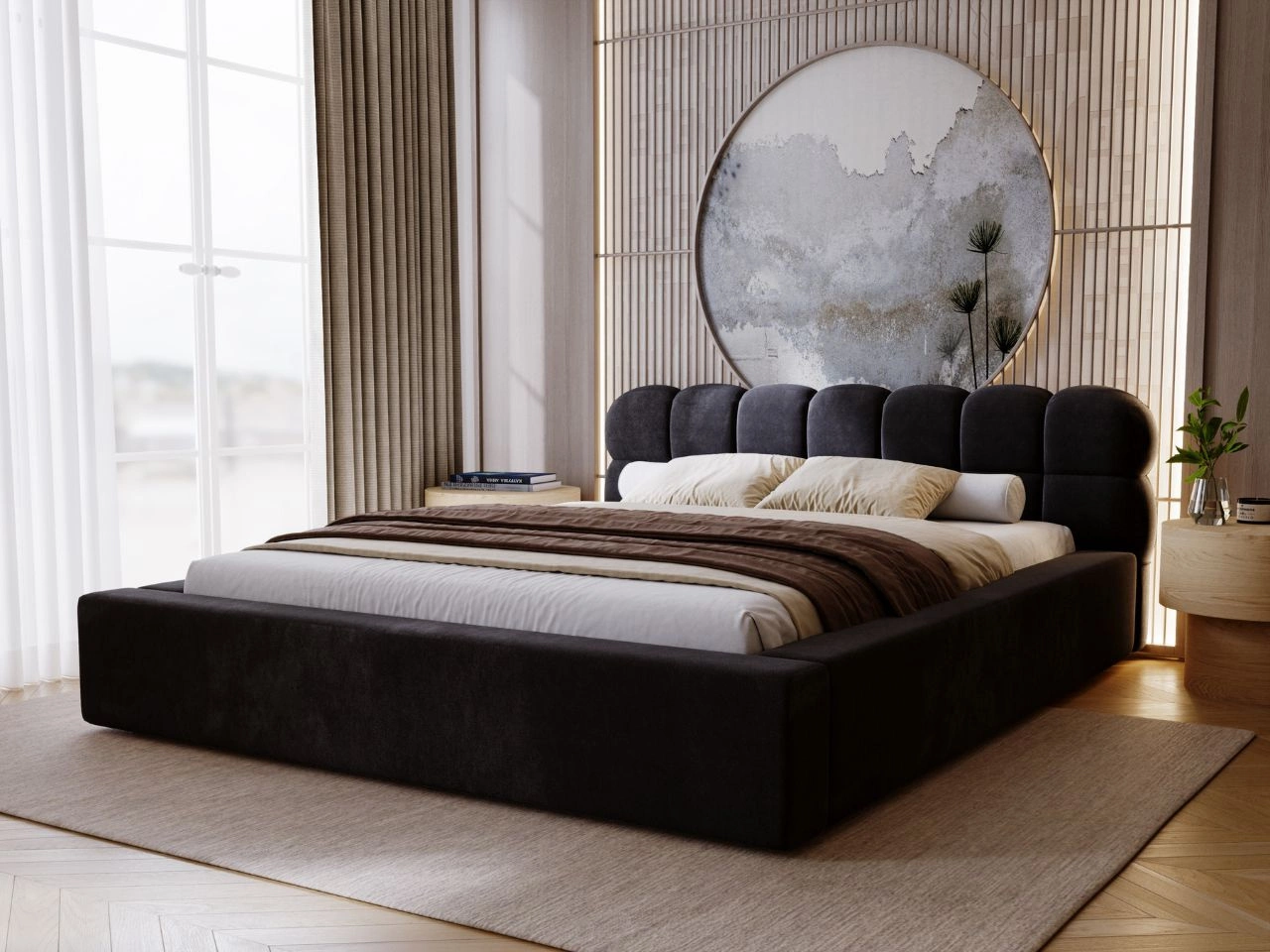 Łóżko tapicerowane z pojemnikiem i stelażem 180x200 Plaza Czarne