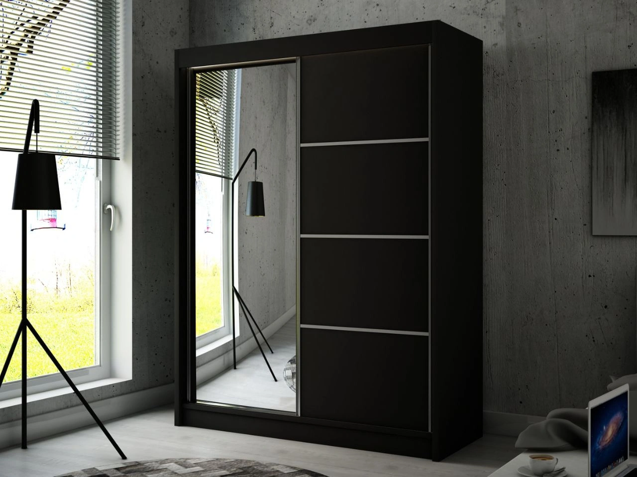 Szafa przesuwna z lustrem 150 cm z oświetleniem LED Portel Czarna