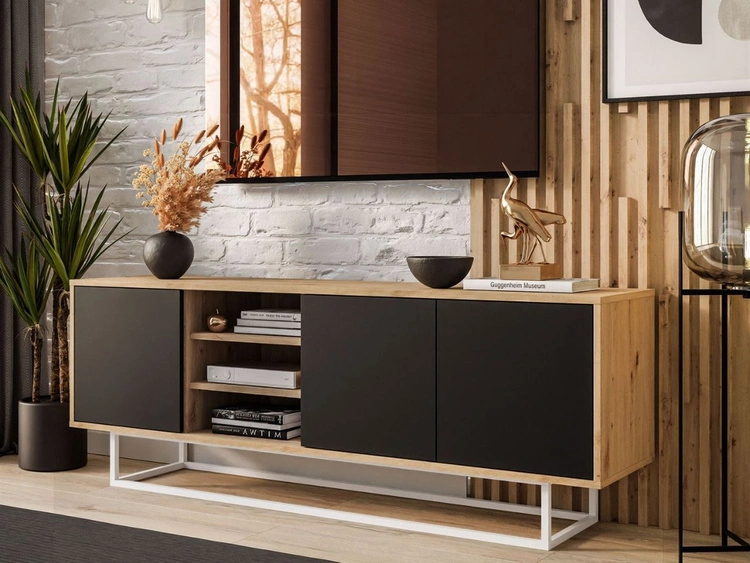 Szafka RTV pod telewizor z drzwiczkami i białym stelażem Vivance Czarny i dąb artisan