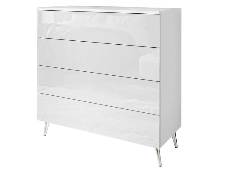 Komoda z czterema szufladami i oświetleniem LED na srebrnych nóżkach Nuveo Biały połysk
