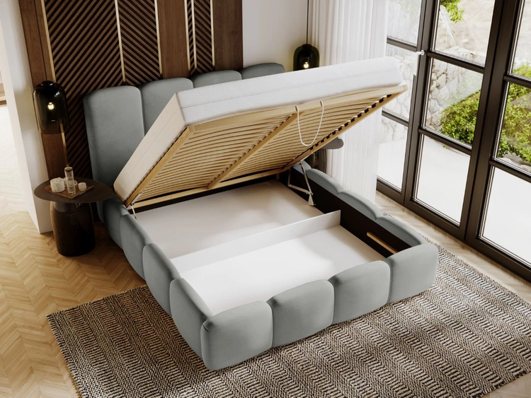 Łóżko tapicerowane z pojemnikiem i stelażem 140x200 Galli Szare