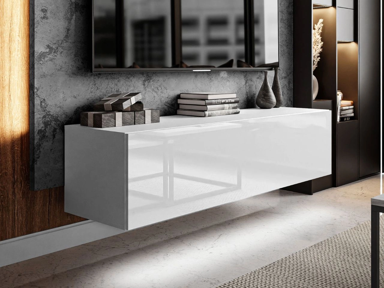 Wisząca szafka RTV pod telewizor z drzwiczkami i oświetleniem LED 150 cm Nodoo Biały połysk