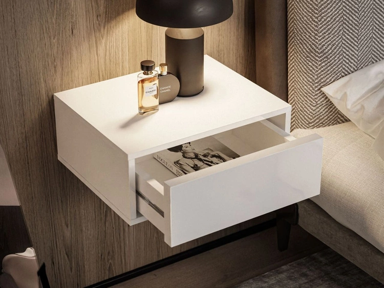 Stolik nocny wiszący z szufladą i oświetleniem LED Brisa biały połysk