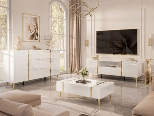 Zestaw mebli do salonu na złotych metalowych nóżkach w stylu glamour Lunelie Biały połysk