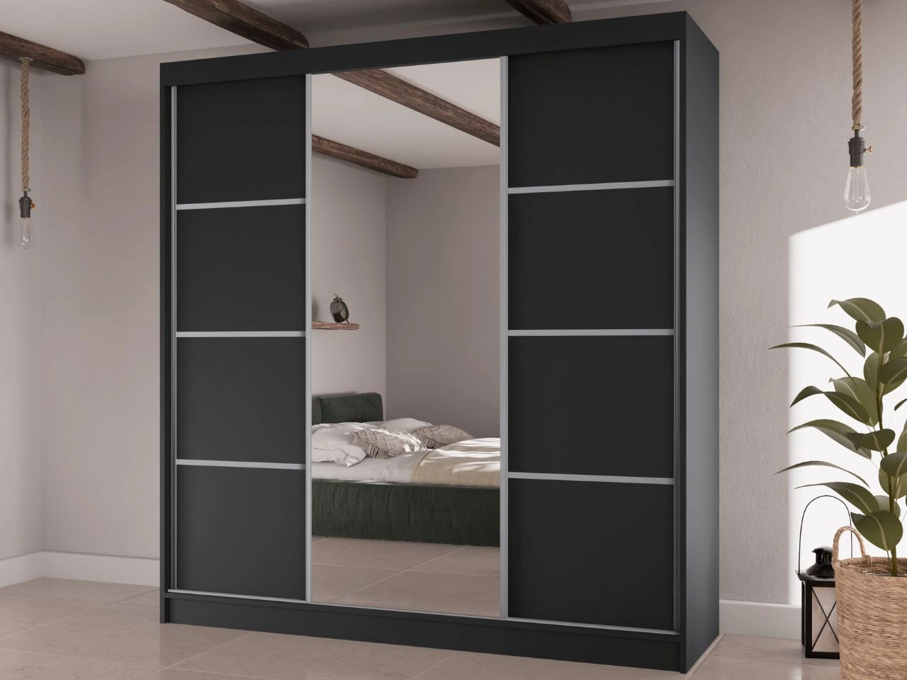 Szafa przesuwna z lustrem 200 cm Vello Czarna