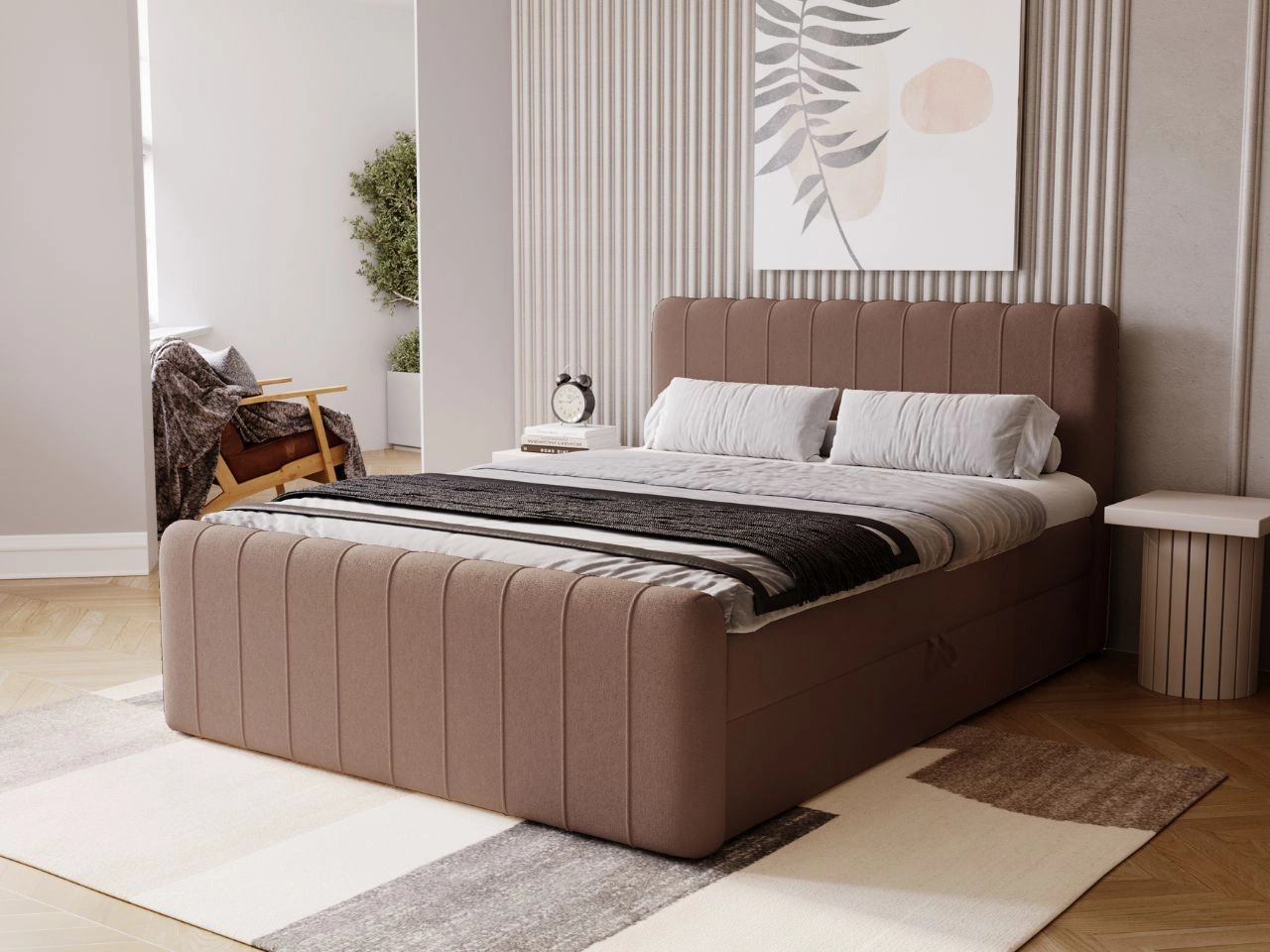 Łóżko kontynentalne z pojemnikiem na pościel 140x200 Osteno Brązowe