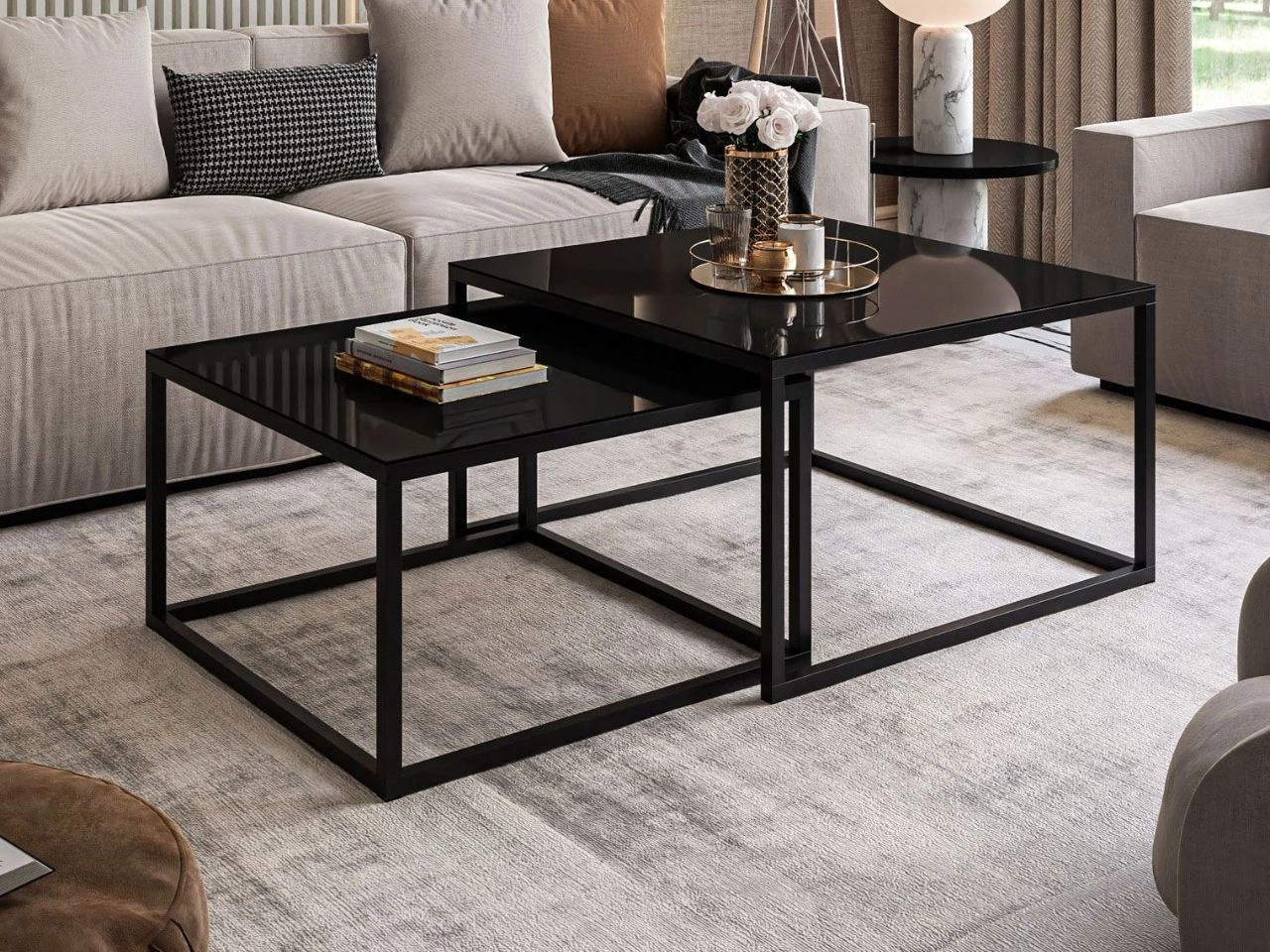 Stolik kawowy na czarnym stelażu z szklanym blatem Asumi Czarny 39x45