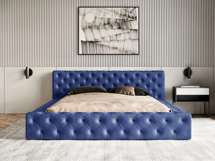 Łóżko tapicerowane z pojemnikiem i stelażem 160x200 cm Palini Ciemnoniebieskie