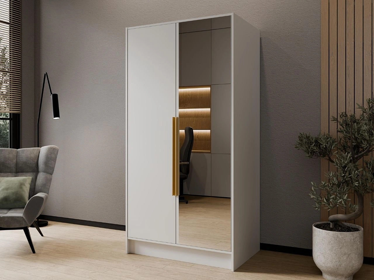 Szafa otwierana z lustrem 100 cm Lucca Biała z złotymi uchwytami