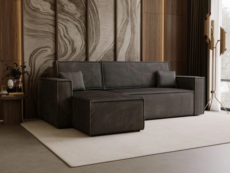 Nowoczesny rozkładany narożnik z funkcją spania i pojemnikiem Prato L uniwersalny Ciemny szary