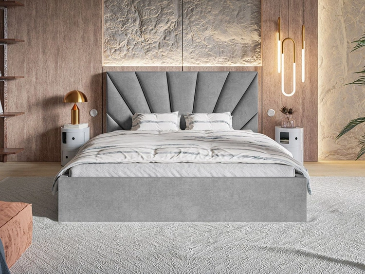 Łóżko tapicerowane z pojemnikiem i stelażem 140x200 Orlo jasnoszare