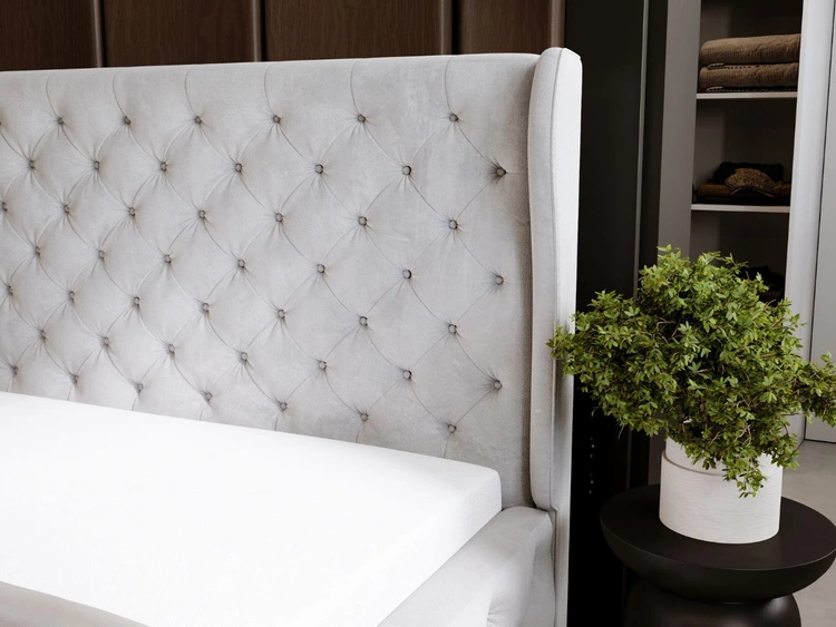 Łóżko tapicerowane z pojemnikiem na pościel i stelażem 180x200 Kingston Jasnoszare