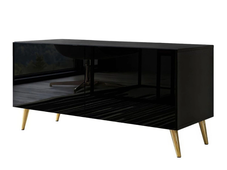Szafka RTV pod telewizor z drzwiczkami na złotych nóżkach 100 cm Noaé Czarny połysk