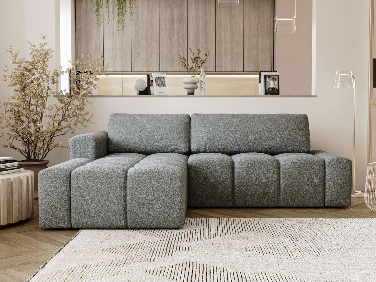 Narożnik L lewy z funkcją spania i pojemnikiem Lana Szary