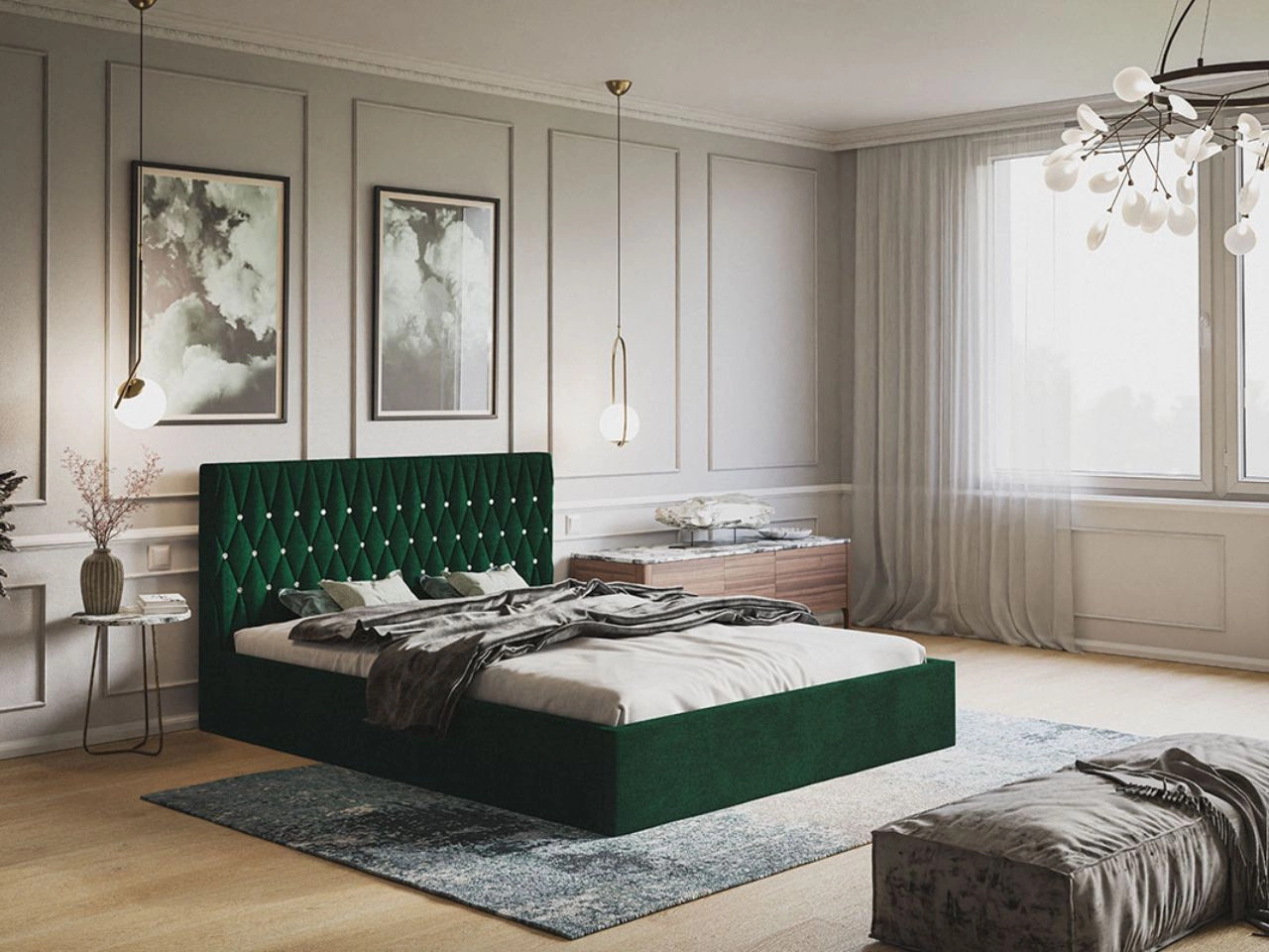 Łóżko tapicerowane z pojemnikiem i stelażem 140x200 Benny Zielone