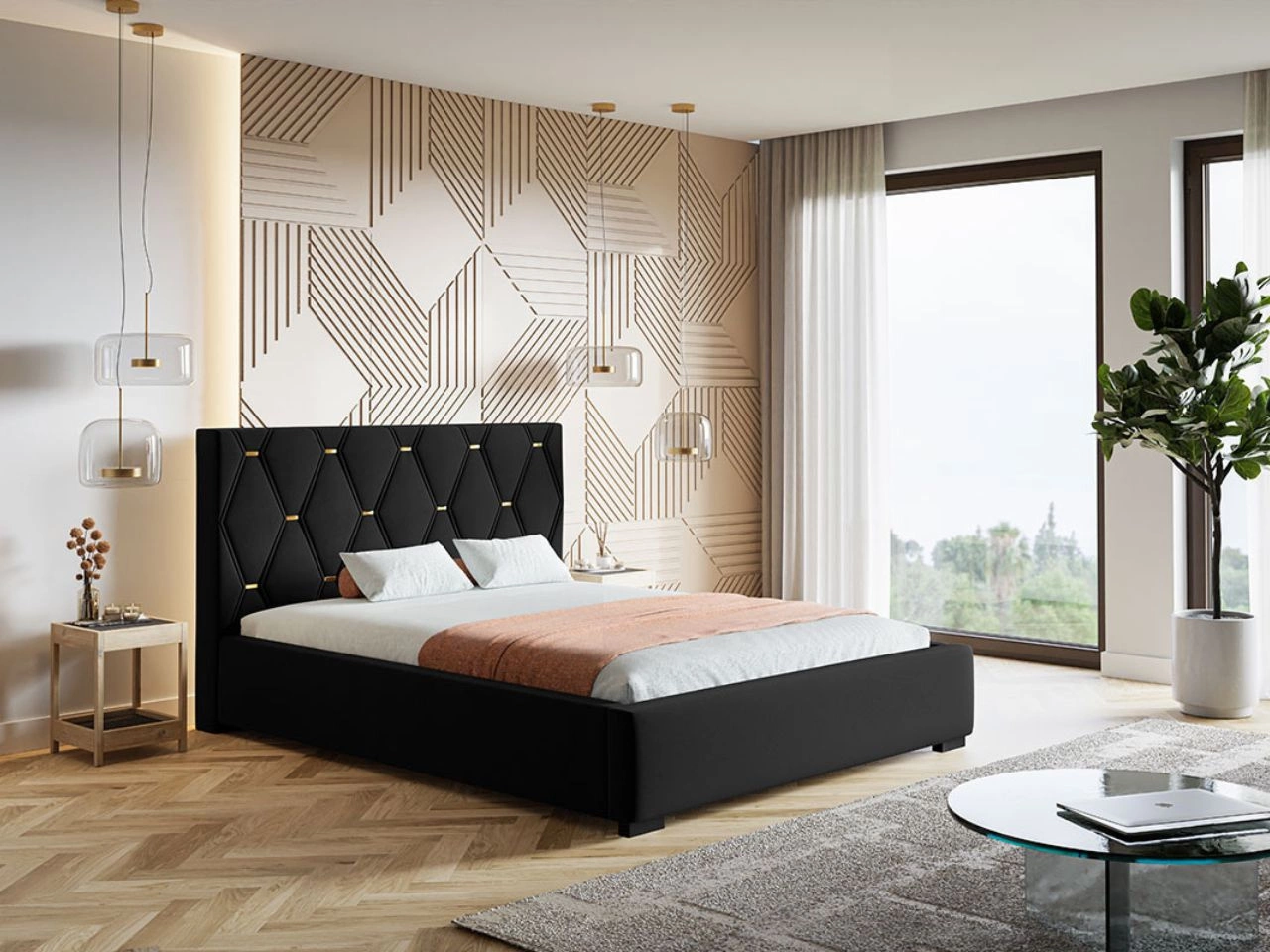 Łóżko tapicerowane z pojemnikiem i stelażem 120x200 Tasso Czarne