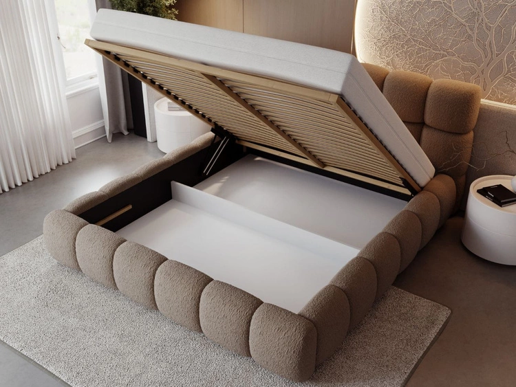 Łóżko tapicerowane z pojemnikiem na pościel i stelażem 140x200 Modo w tkaninie bouclé Brązowe