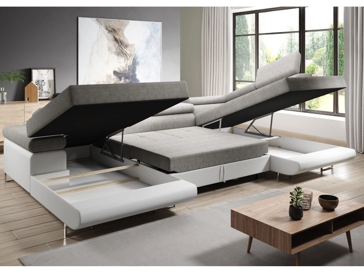 Narożnik U prawy z funkcją spania i pojemnikiem Solam U Szary, Biały