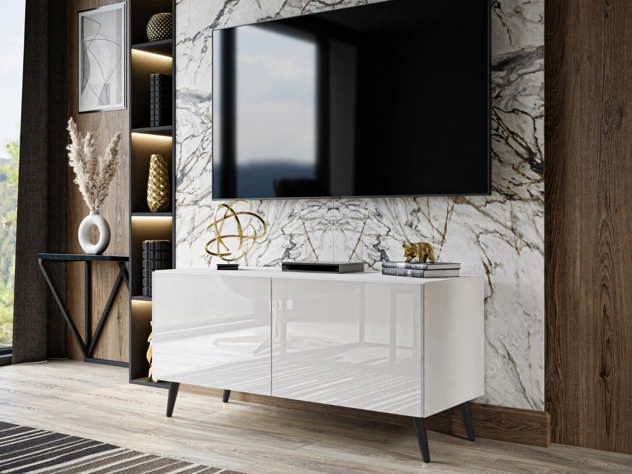 Szafka RTV pod telewizor z drzwiczkami i oświetleniem LED na czarnych nóżkach 100 cm Noaé Biały połysk