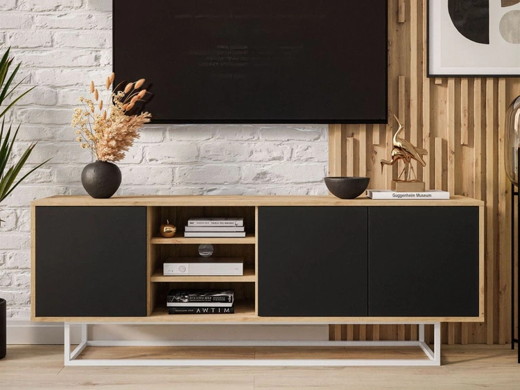 Szafka RTV pod telewizor z drzwiczkami i białym stelażem Vivance Czarny i dąb artisan