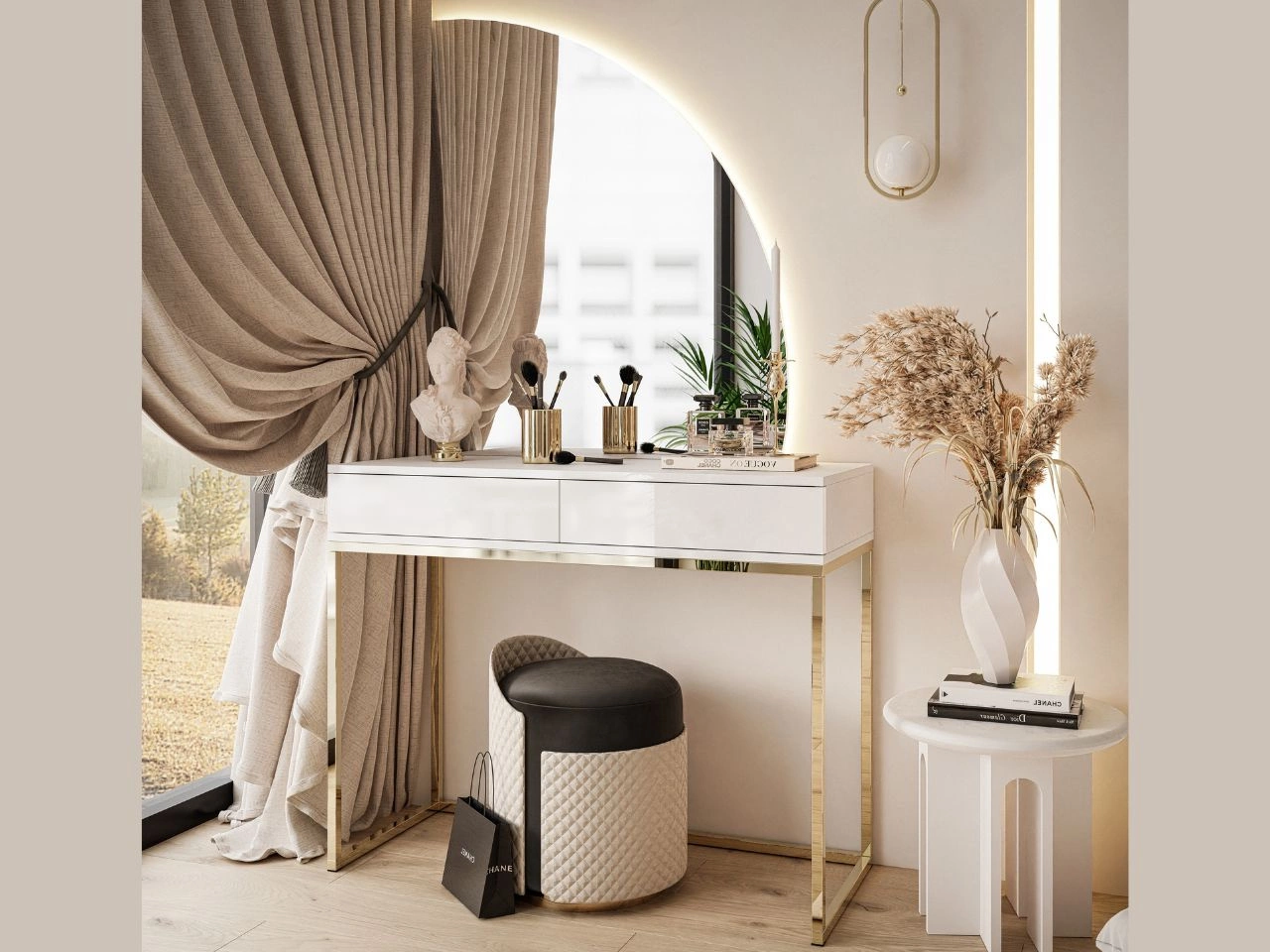 Toaletka kosmetyczna prawostronna z szufladami i oświetleniem LED na złotych nogach Clarette Biały połysk