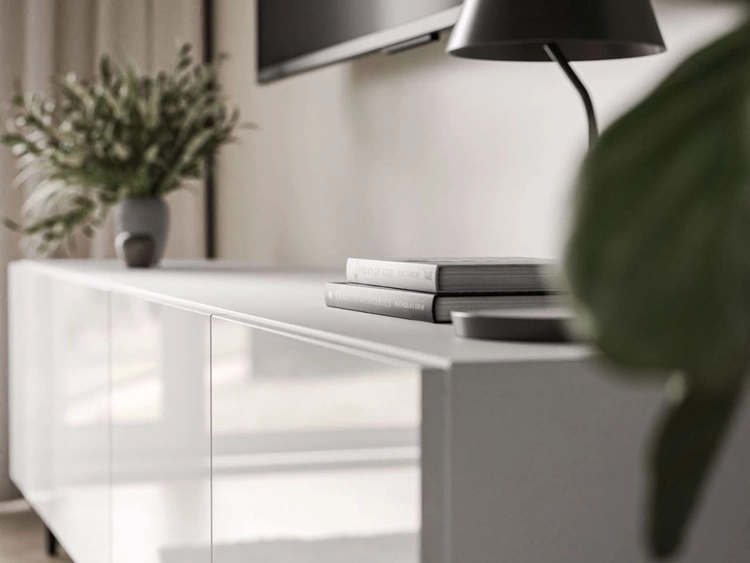 Szafka RTV pod telewizor z drzwiczkami na złotych nóżkach 200 cm Nodoo Biały połysk