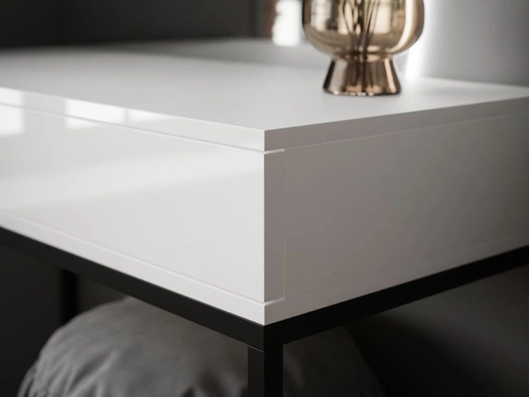 Toaletka kosmetyczna prawostronna z szufladami i oświetleniem LED na czarnych nogach Clarette Biały połysk