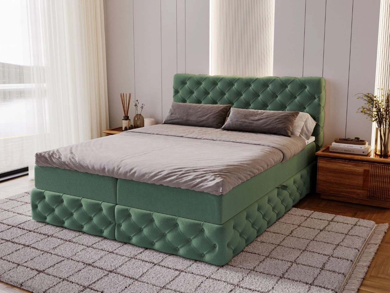 Łóżko kontynentalne z pojemnikiem na pościel 120x200 cm Canolo Zielone