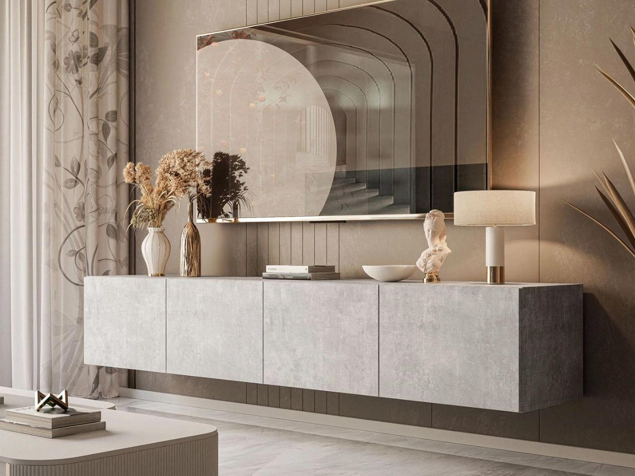 Wisząca szafka RTV pod telewizor z drzwiczkami 200 cm Nodoo Beton